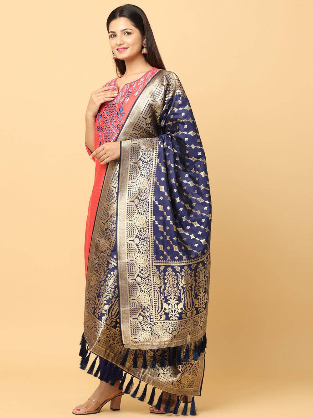 Latest Navy Colour Woven Design Silk Blend Dupatta