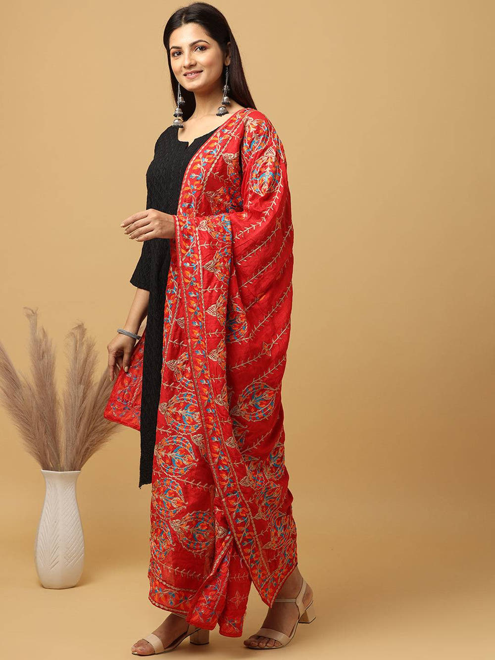 Red Silver Floral Band Pashmina Dupatta