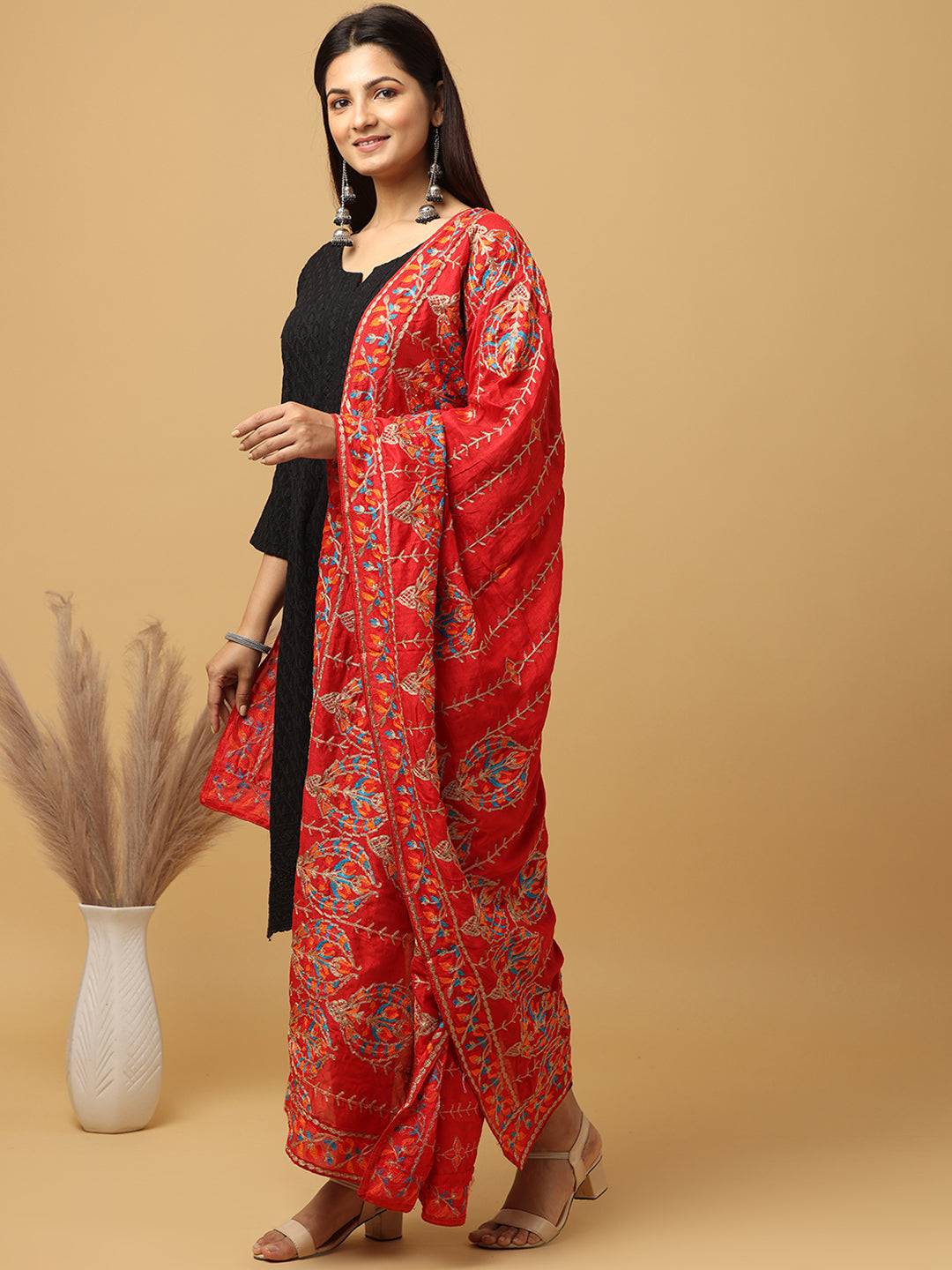 Red Silver Floral Band Pashmina Dupatta