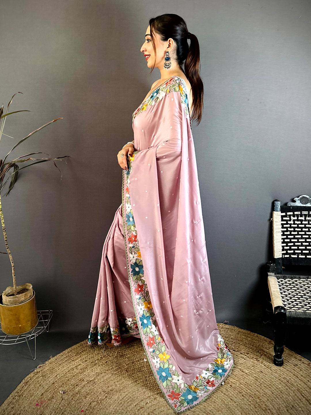 Celebrity Floral Embroidered Border Saree
