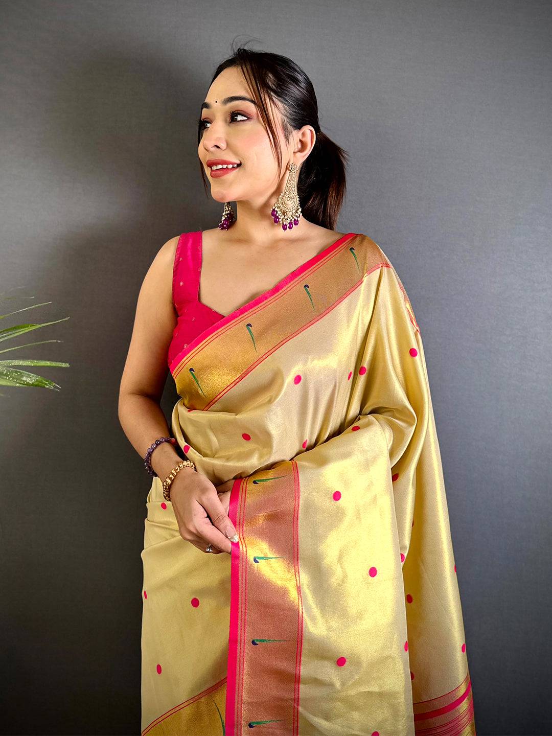 Cream Glass Tissue Yevla Paithani Saree