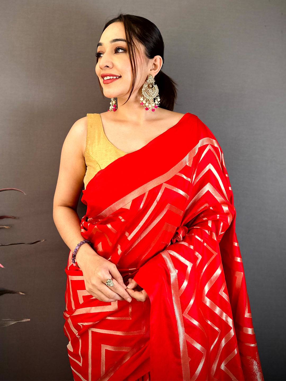 Red Geometric Zari Weave Banarasi Saree