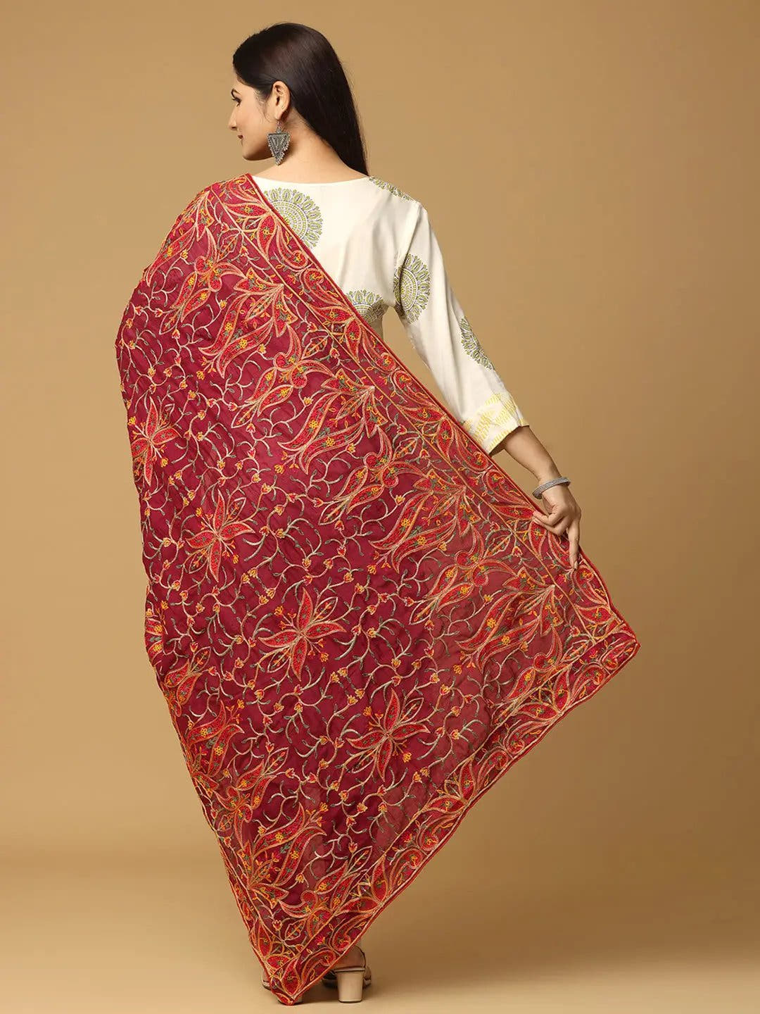 Wine Warm Floral Jaal Pashmina Dupatta