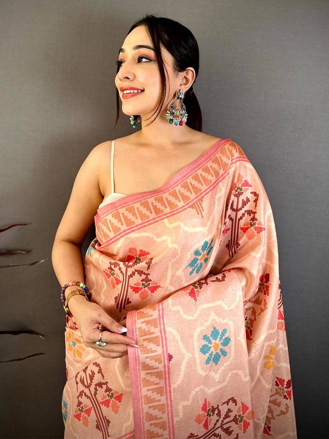 Peach Tussar Floral Digital Art Saree