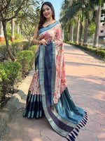 Blue Colour Double Border Chex Weaving Banarasi Soft Silk Saree