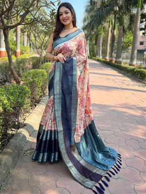 Blue Colour Double Border Chex Weaving Banarasi Soft Silk Saree