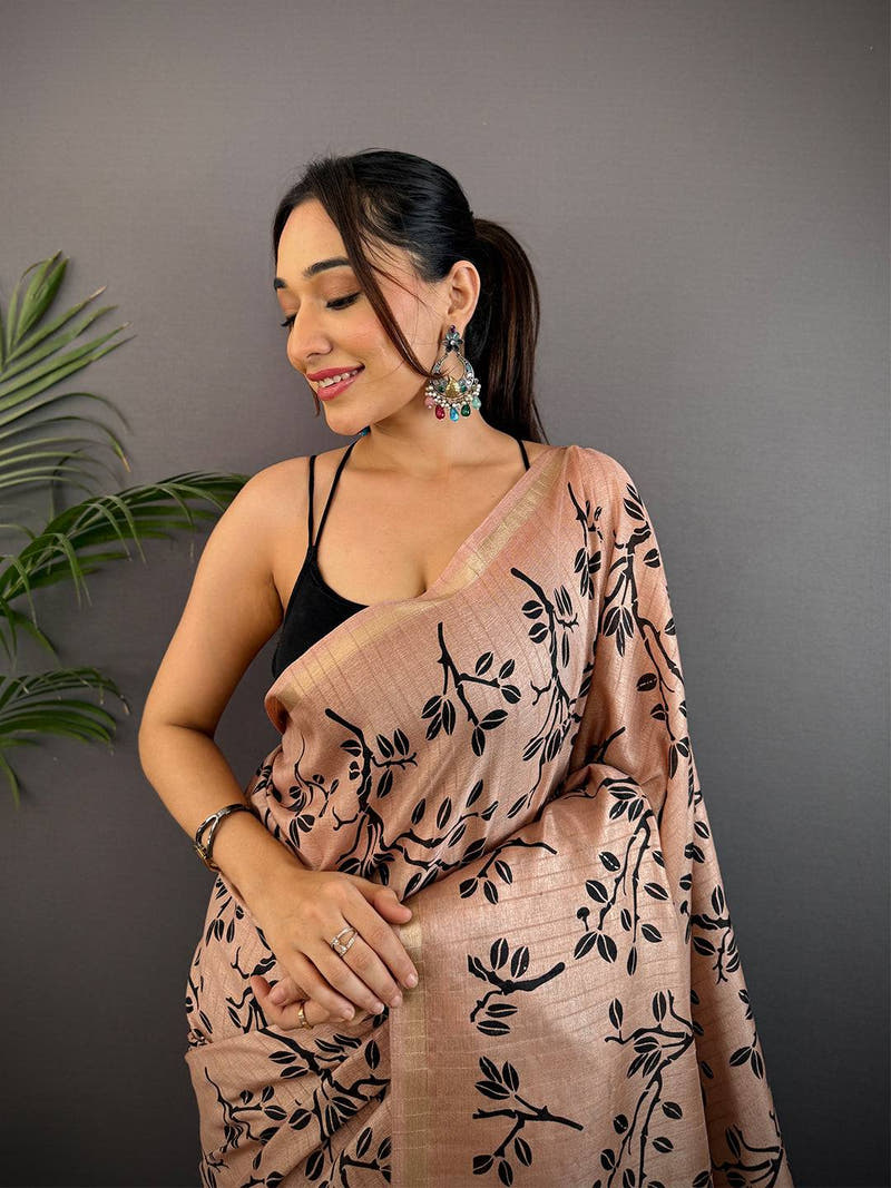Peach Ghicha Leaf Print Saree