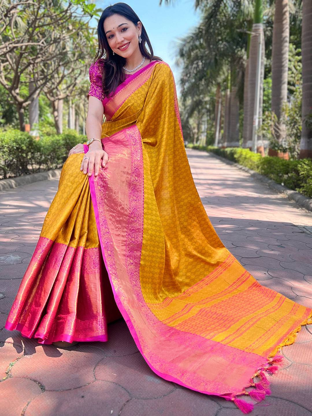 Mustard Colour Kanjivaram Aura Soft Silk Saree With Broced Zari Blouse
