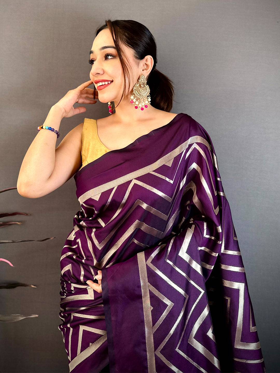 Dark Purple Geometric Zari Weave Banarasi Saree