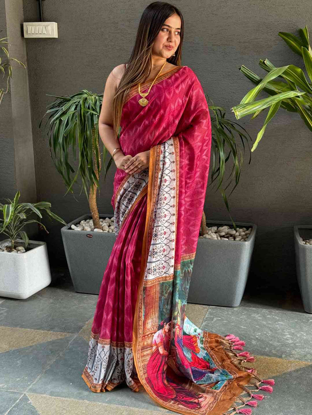 Rani Colour Ikkat Print Saree With kalamkari Block Print Design