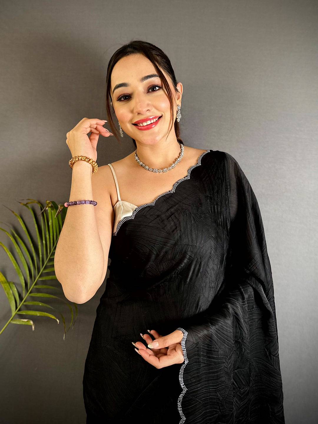 Black Stone Work Silk Crush Saree