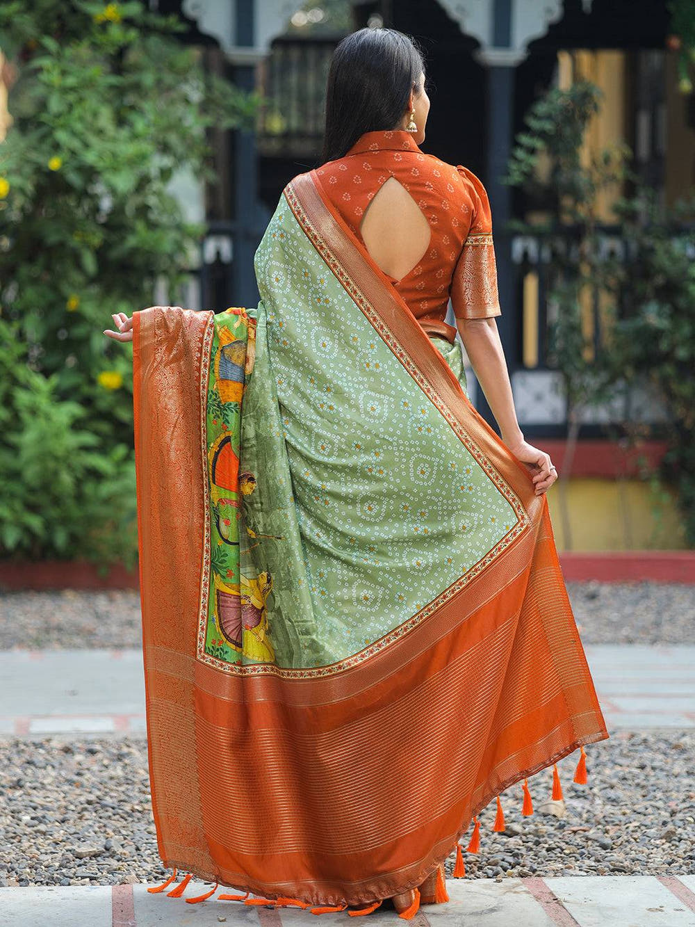 Pista Pure Viscose Dola Silk Saree with Exquisite Bhandhej Print - Luxe