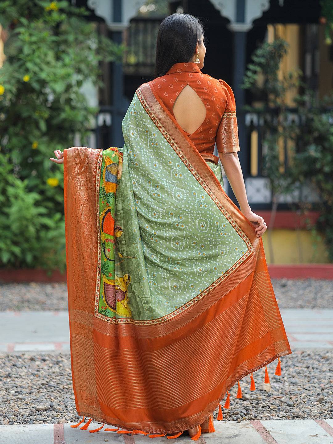 Pista Pure Viscose Dola Silk Saree with Exquisite Bhandhej Print - Luxe