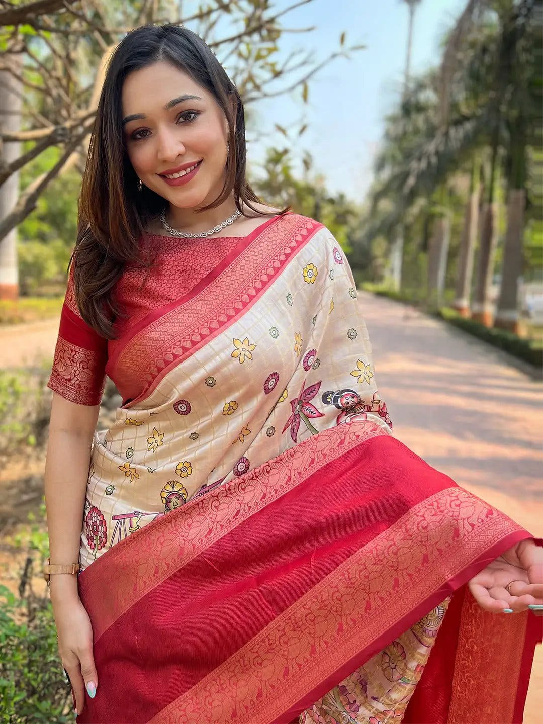 Chiku Colour Double Border Chex Weaving Banarasi Soft Silk Saree