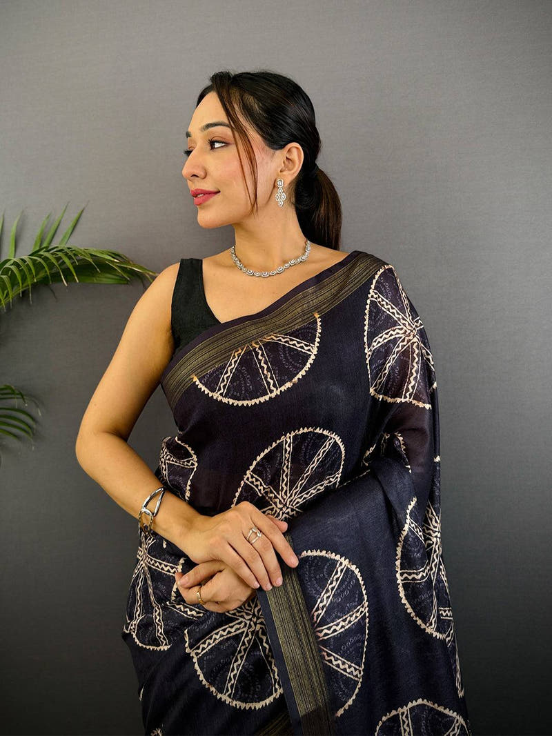 Black Linen Ajarak Print Saree