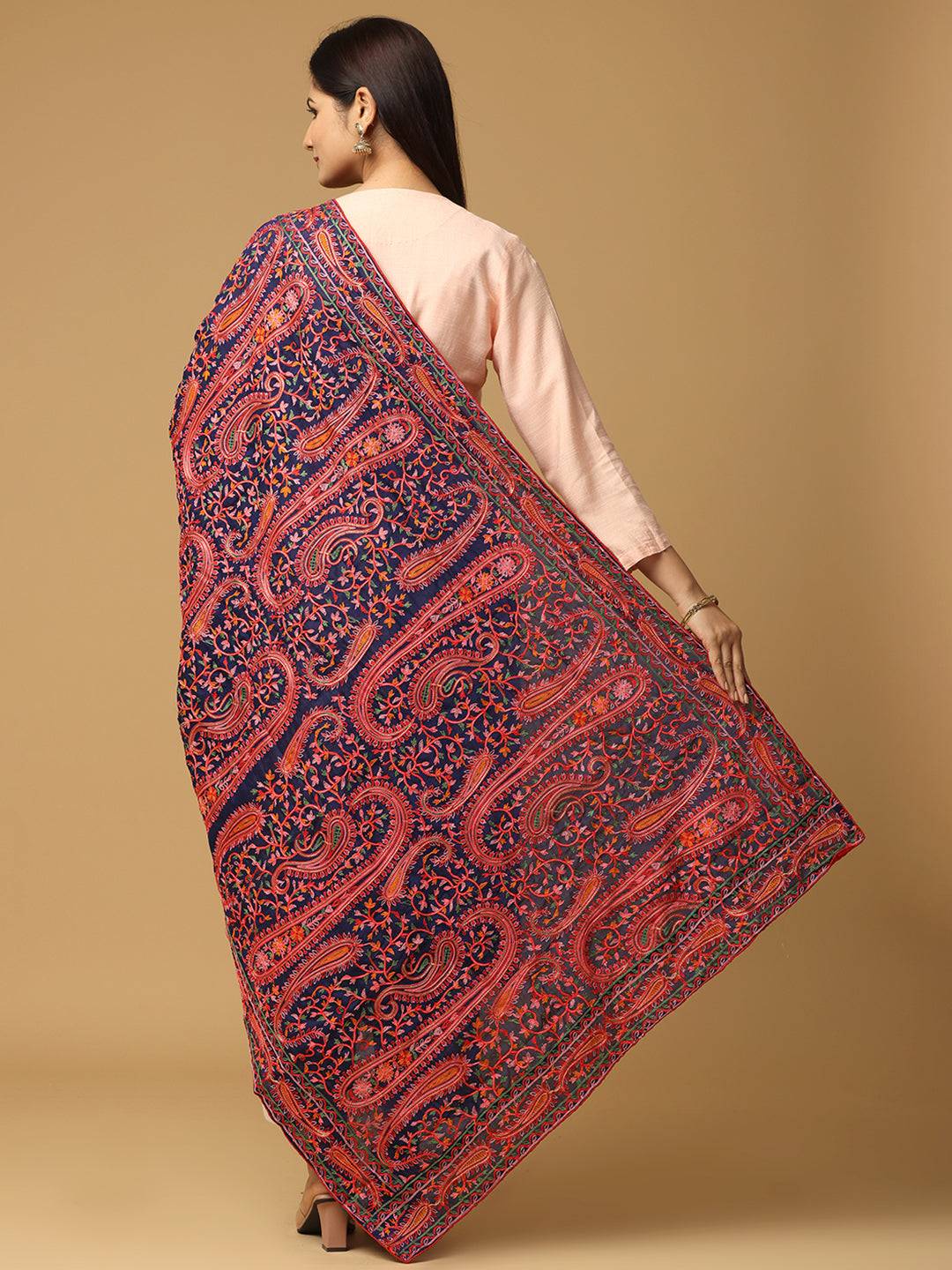 Navy Red Paisley Medallion Pashmina Dupatta