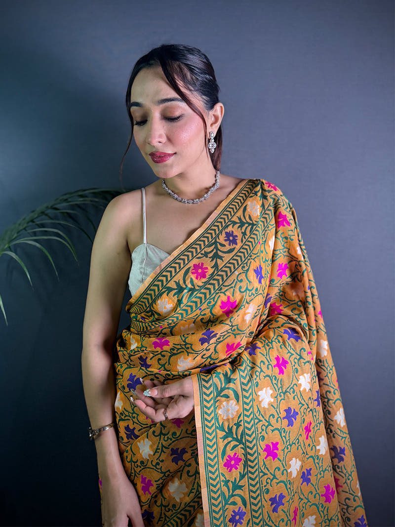 Olive Mustard Dhakai Jamdani Silk Saree