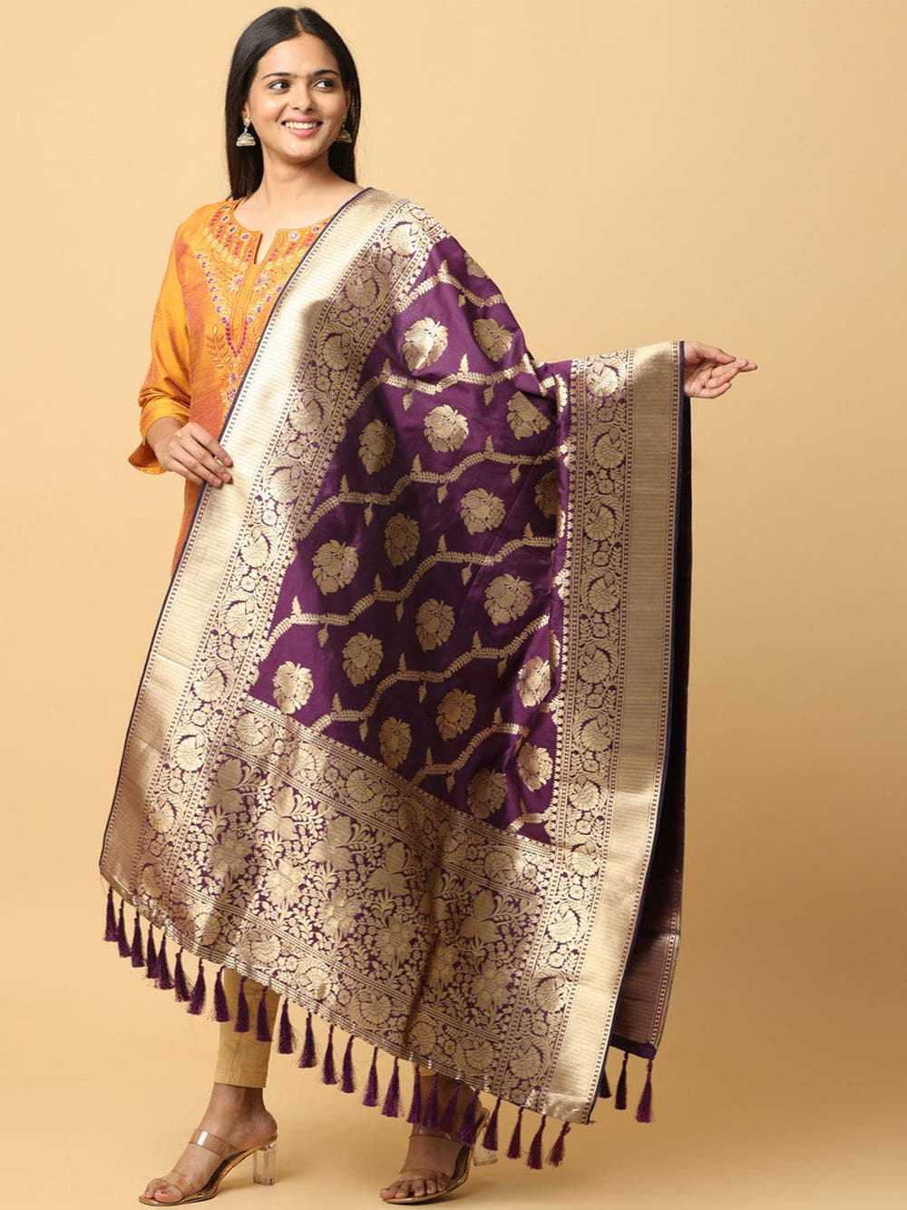 Wine Silk Blend Woven Design Dupatta
