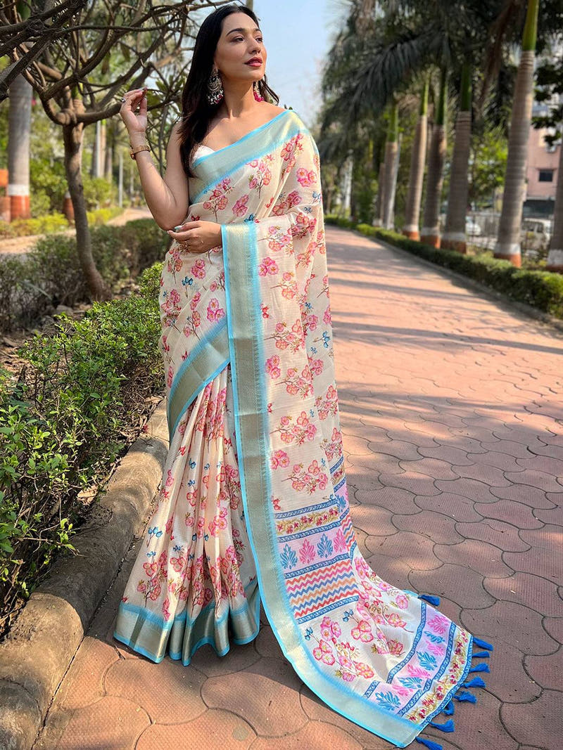 Cream Kota With Digital Floral Printed Saree