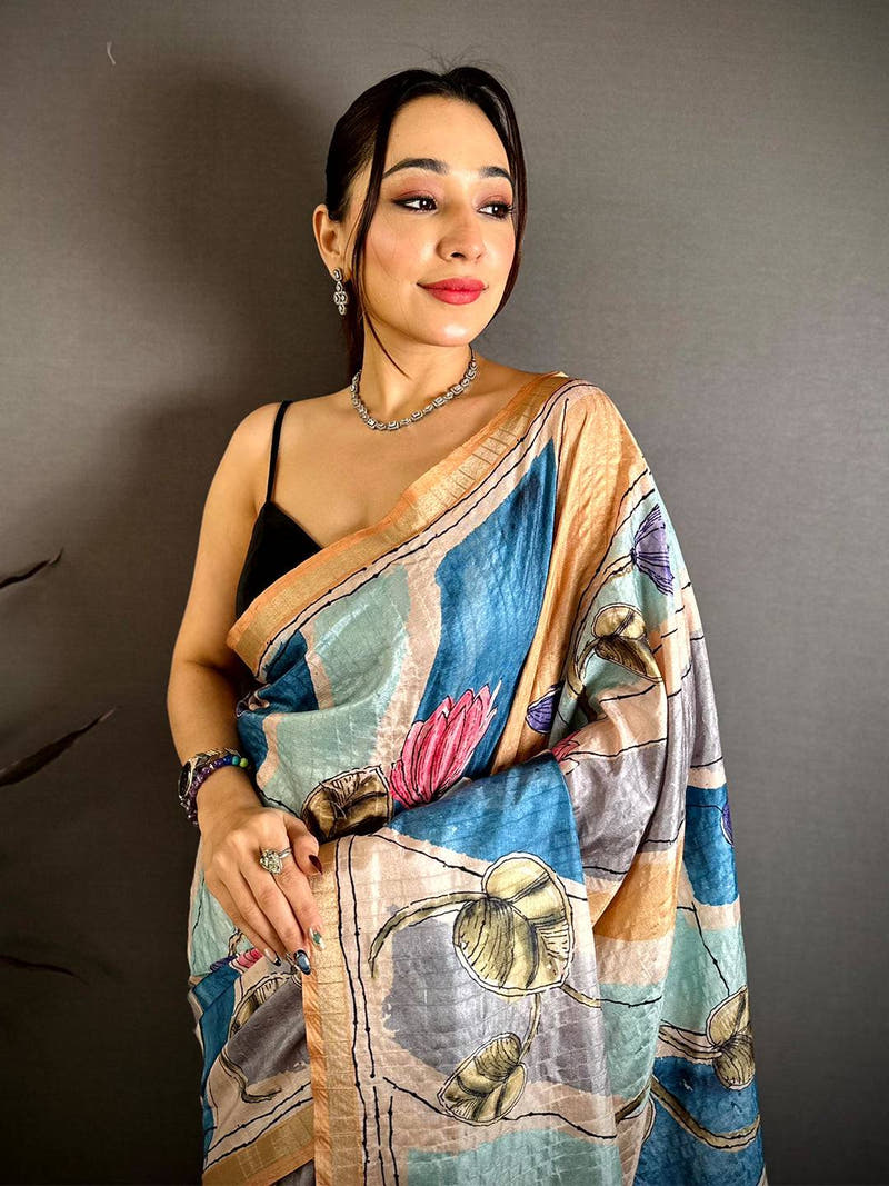 Digital Kalamkari Stylish Tussar Saree