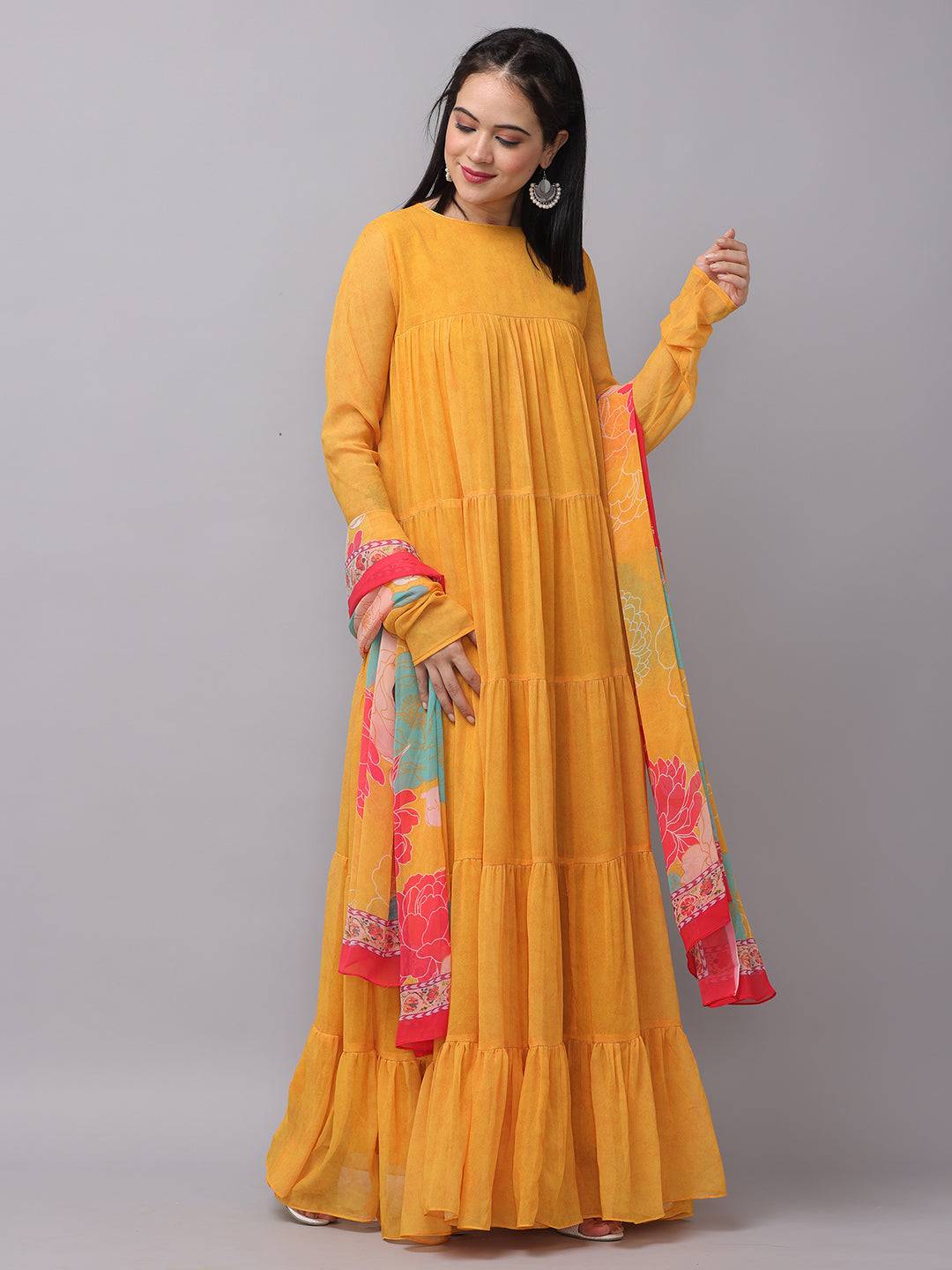 Sunlit Mustard Flared Long Dress