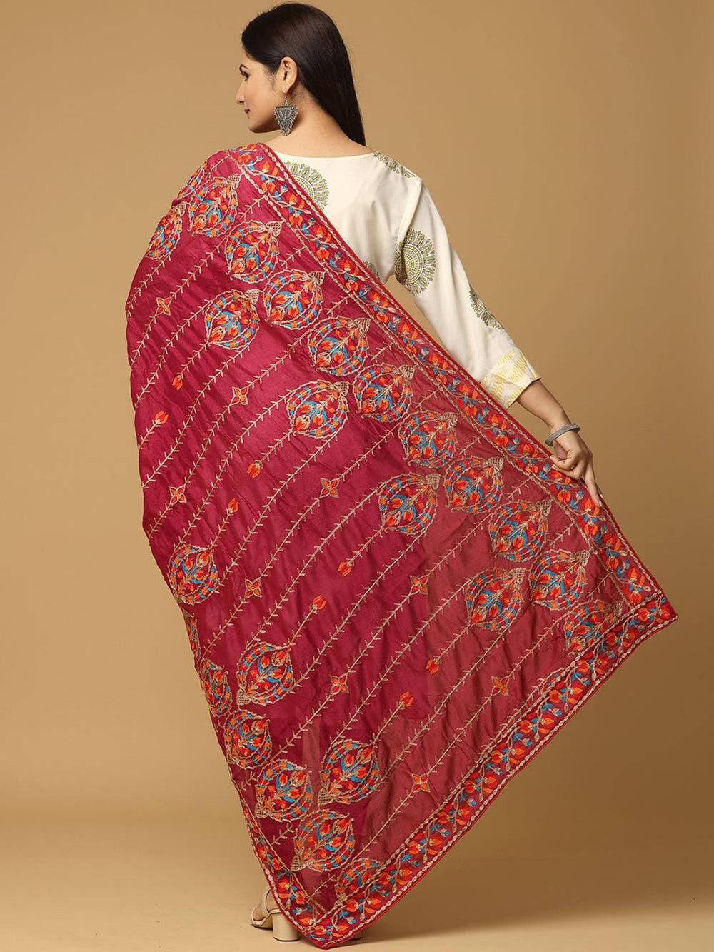 Wine Magenta Fine Work Pashmina Dupatta