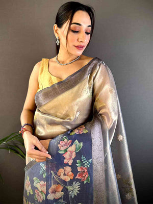 Blue Tissue Digital Floral Saree