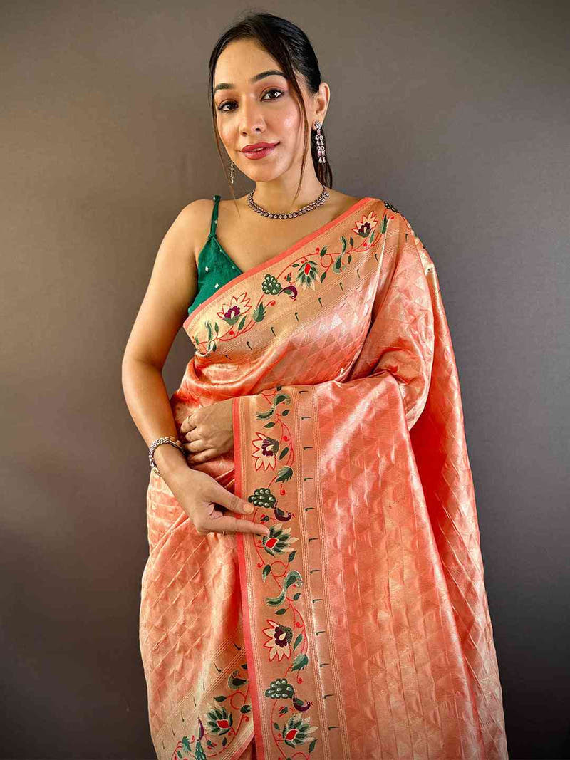 Peach Silk Blend Woven Zari Work Paithani Saree