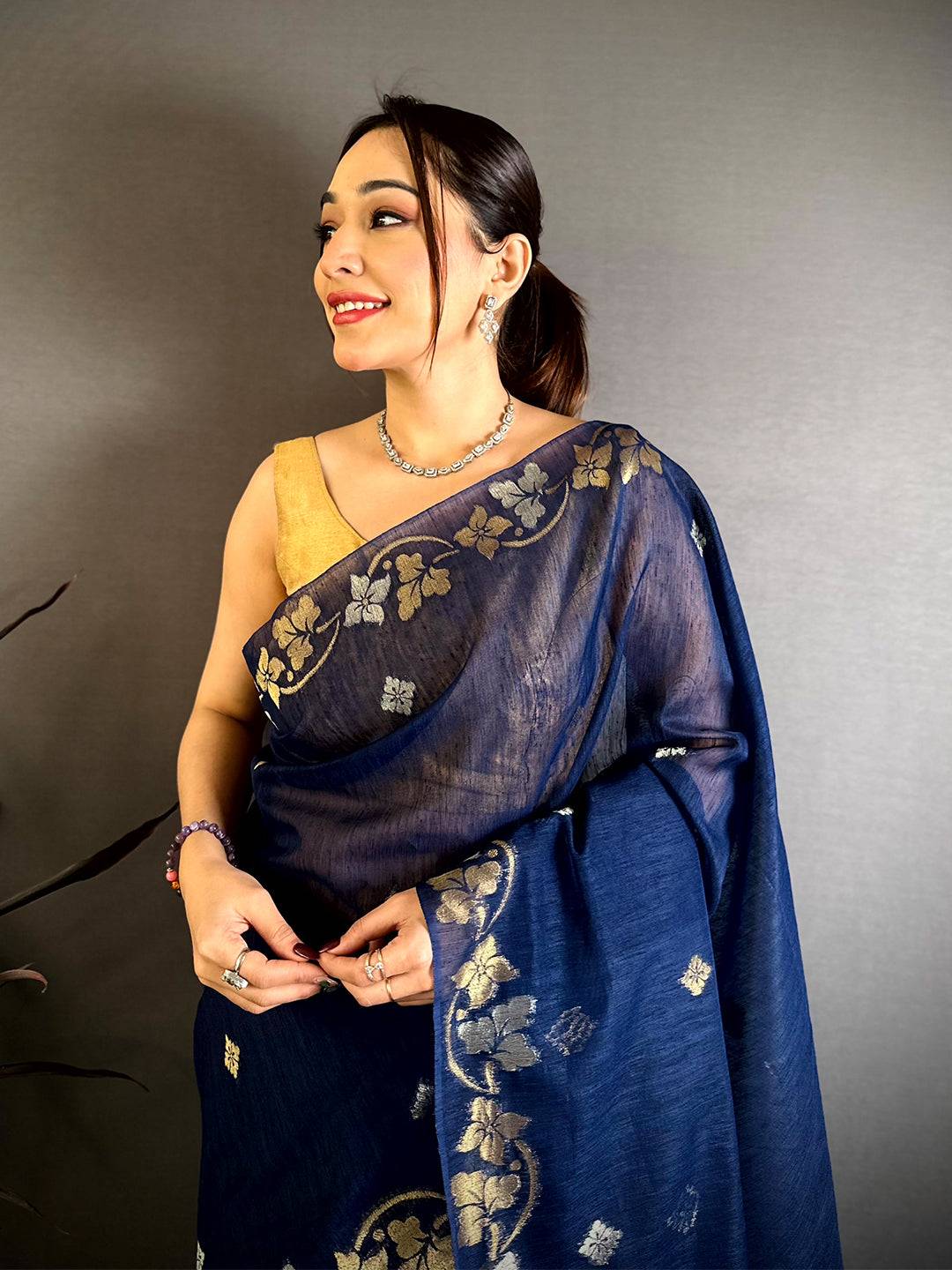 Navy Sona Chandi  Munga  Saree