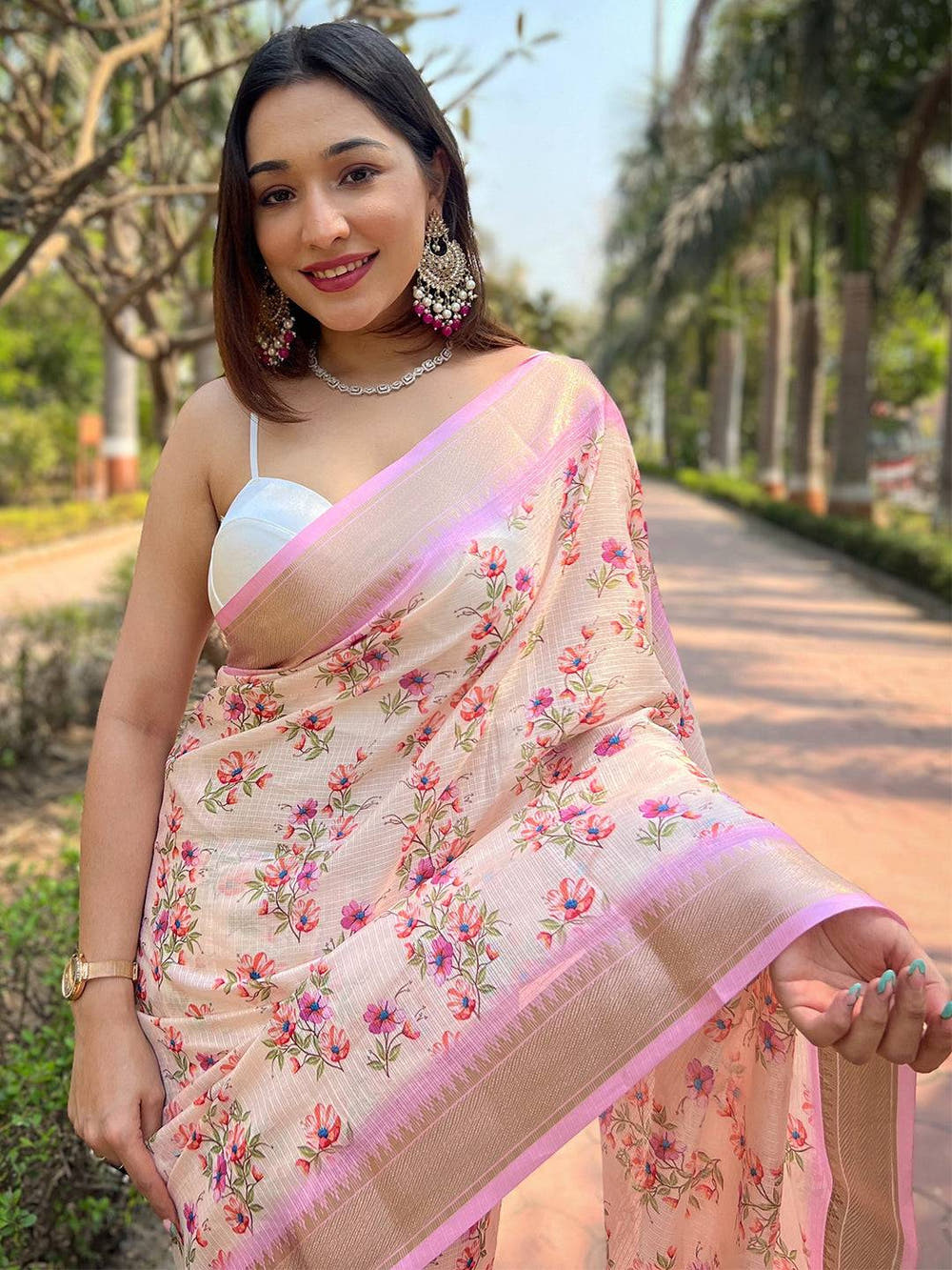 Peach Kota With Digital Floral Printed Saree