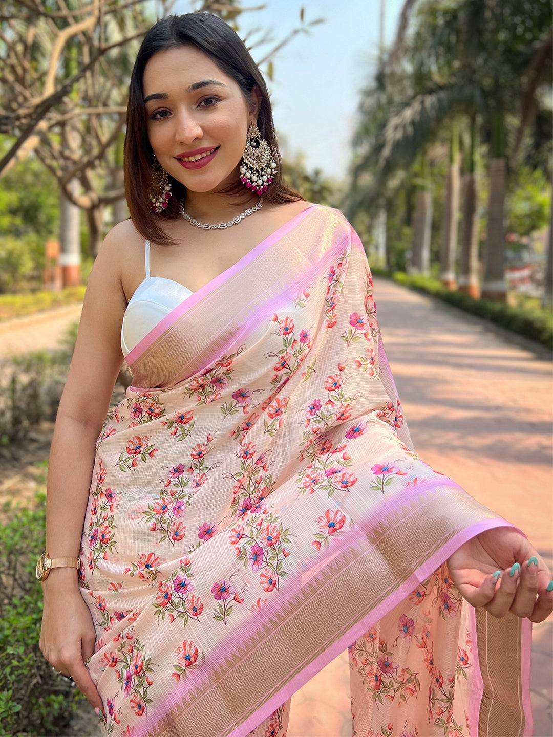 Peach Kota With Digital Floral Printed Saree