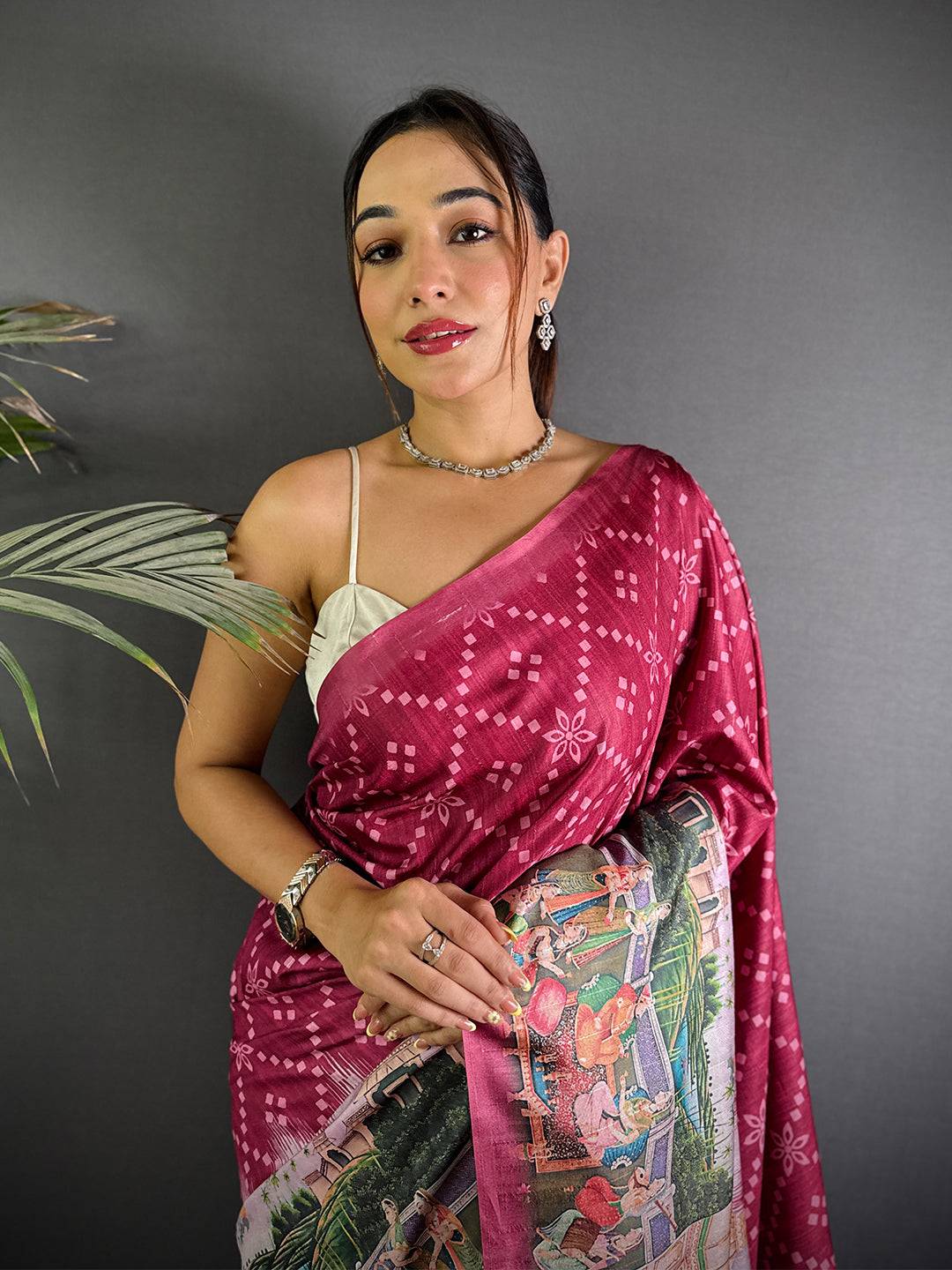 Magenta Kalamkari Digital Printed Saree