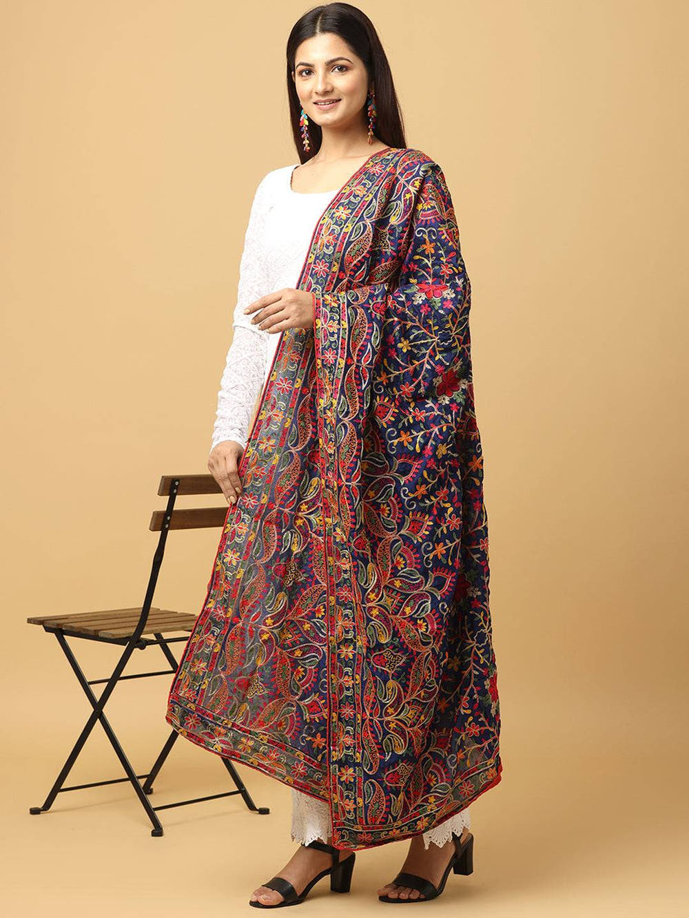 Navy Deep Multicolour Floral Pashmina Dupatta