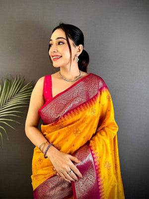 Yellow Crystal Raw Silk Kanchi Pattu Saree