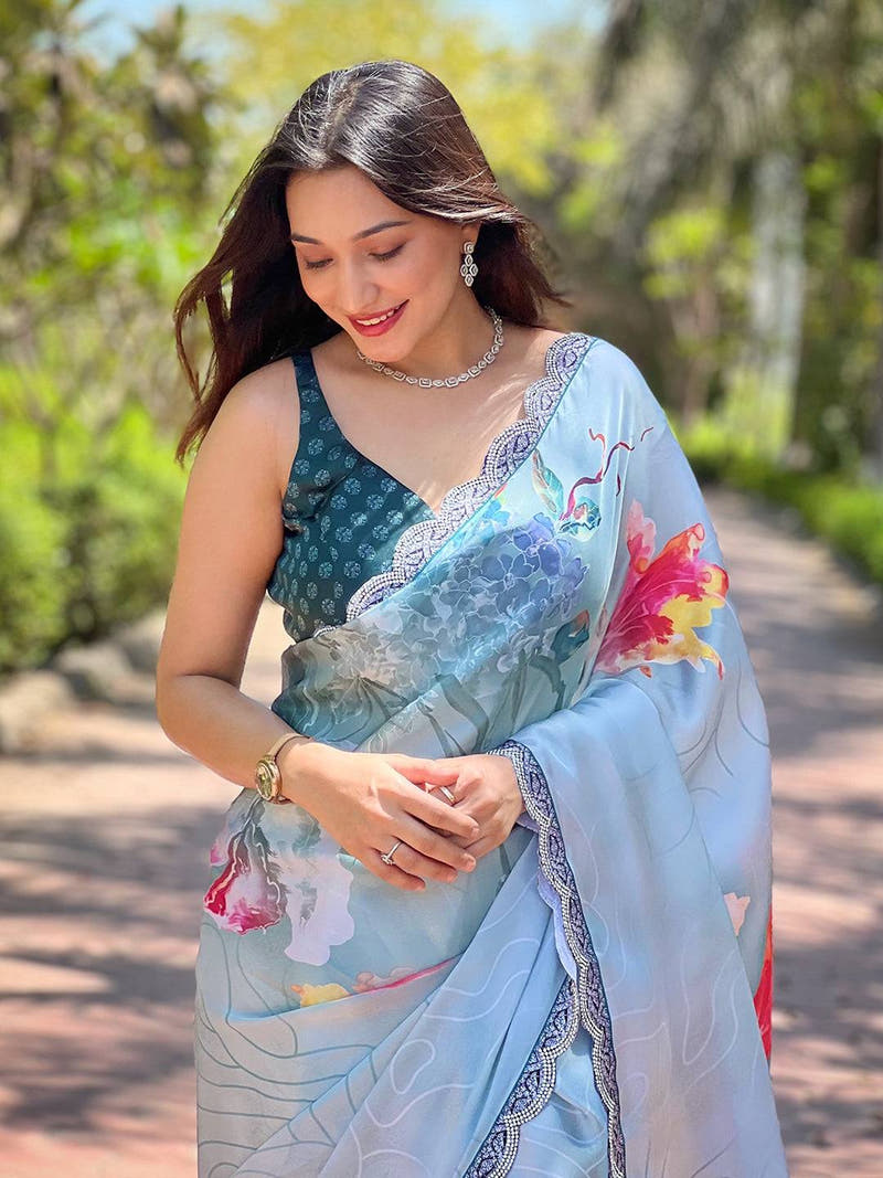 Light Blue Satin Georgette Floral Print Saree