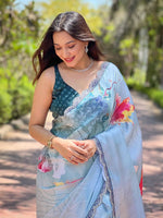 Light Blue Satin Georgette Floral Print Saree