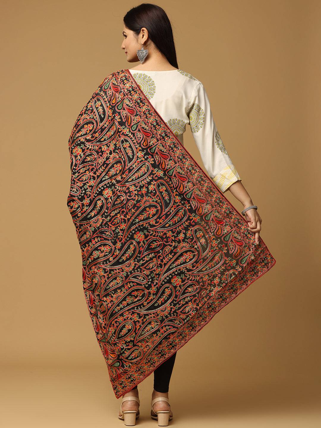 Black Rich Dense Floral Pashmina Dupatta