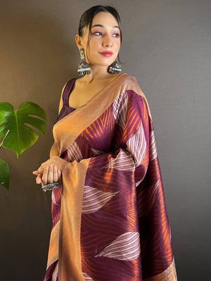 Cherry Tussar Silk Zari Weaving Ikkat Saree