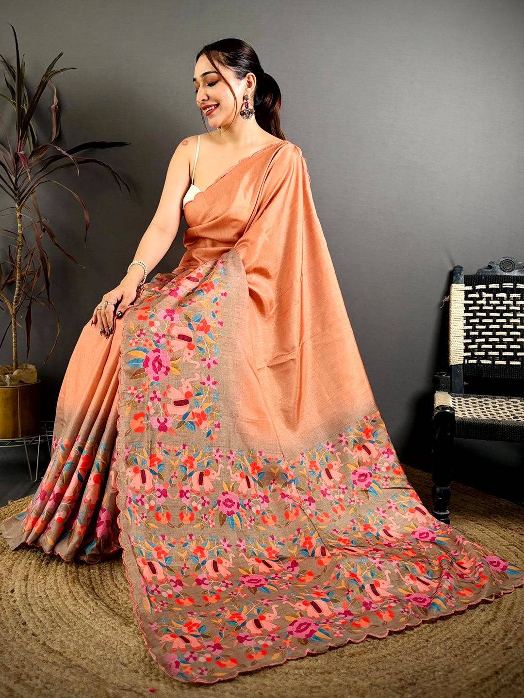 Peach Bird Print Tussar Festive Saree
