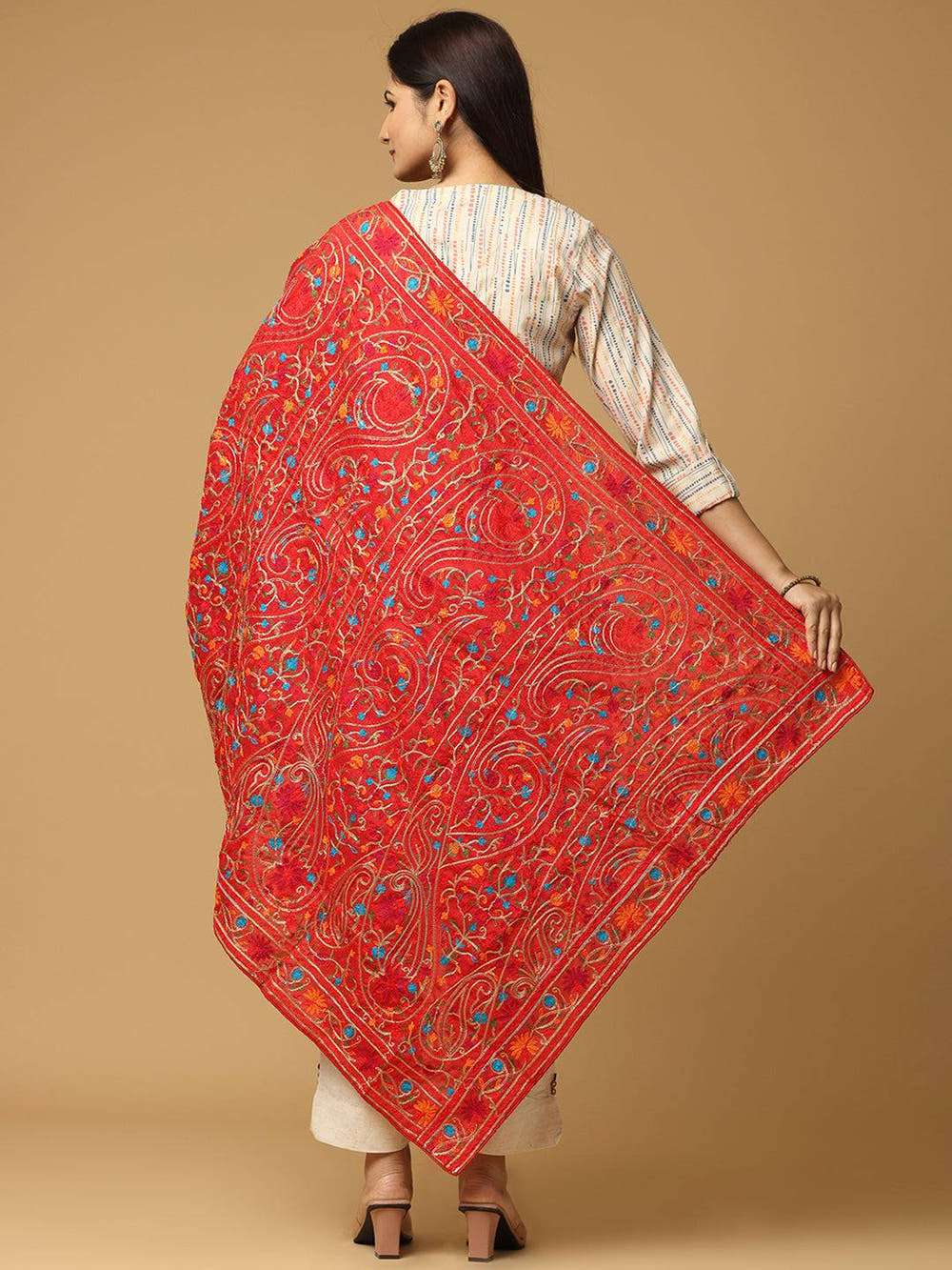 Red Floral Paisley Mix Pashmina Dupatta