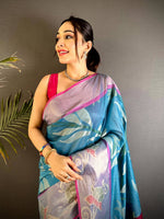 Turquoise Blue Soft Chanderi Pochampally Ikkat Saree