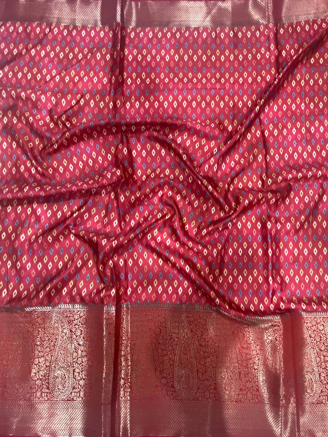 Coral Red Cherry Satin Kalamkari Saree