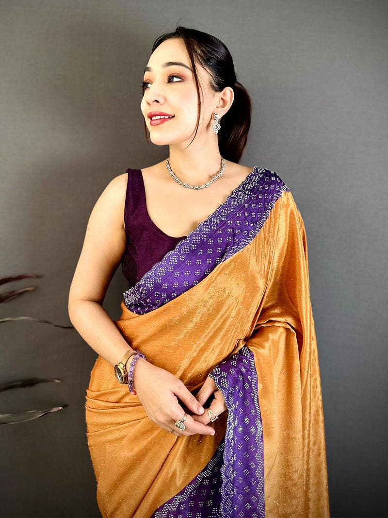 Yellow Poly Chiffon Diamond Stone Work Saree
