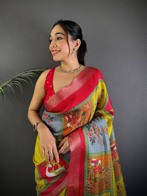 Olive Tussar Kalalmkari Print Saree