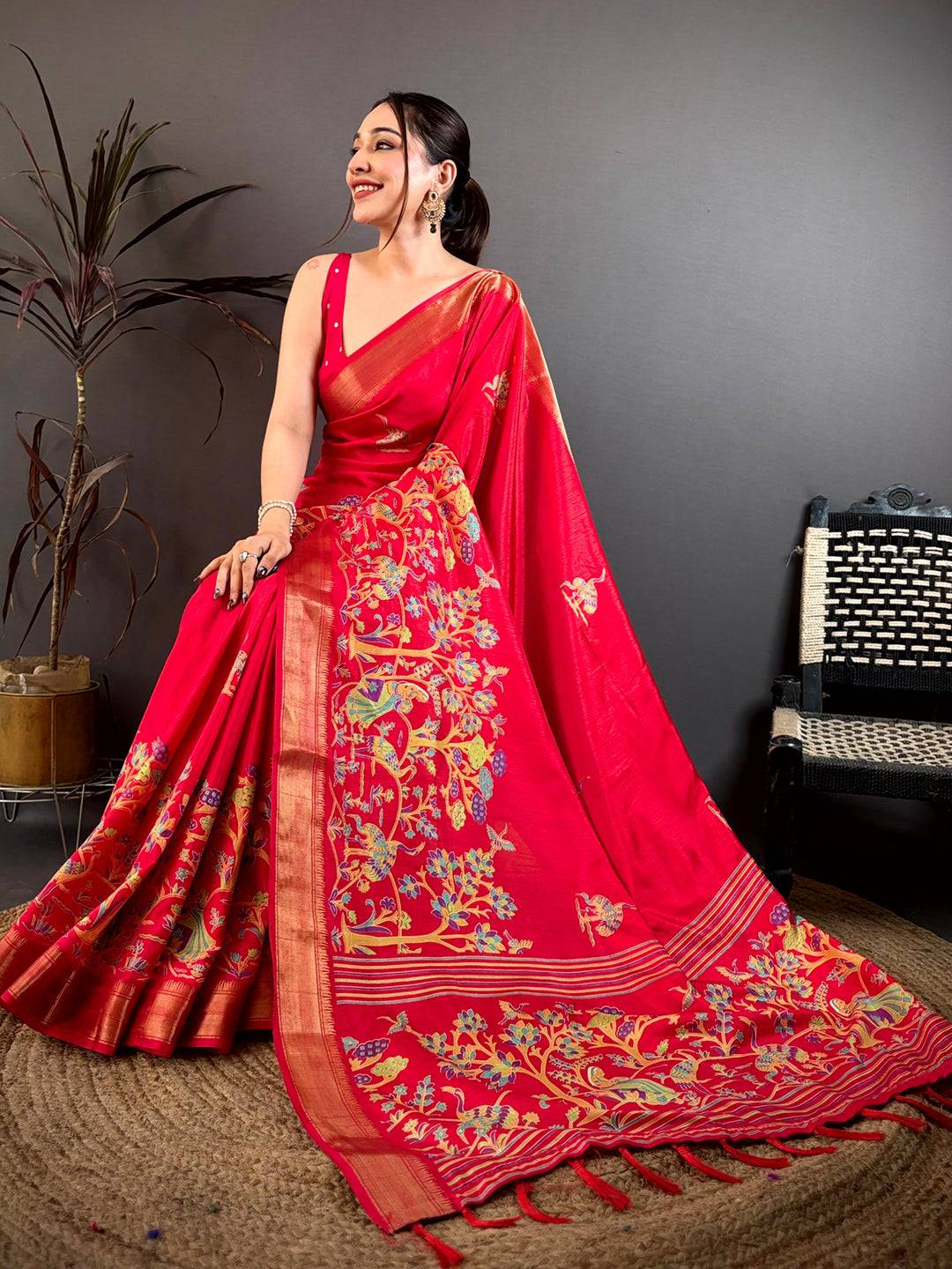 Dark Pink Shade Printed Dola Silk Saree