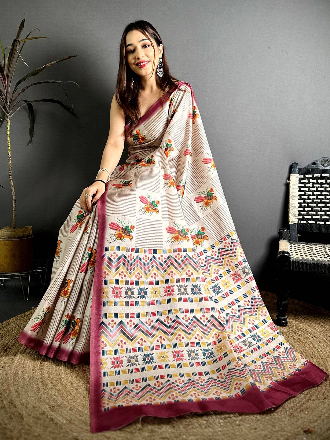 Madhubani Bird Pallu Tussar Saree