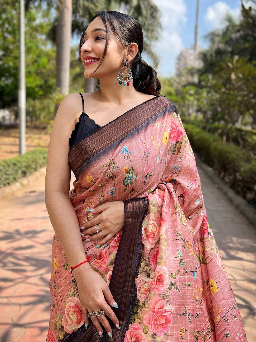 Peach Soft Silk Copper Zari Weaving Digital Floral Saree