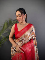 Beige Kalamkari Printed Soft Satin Saree