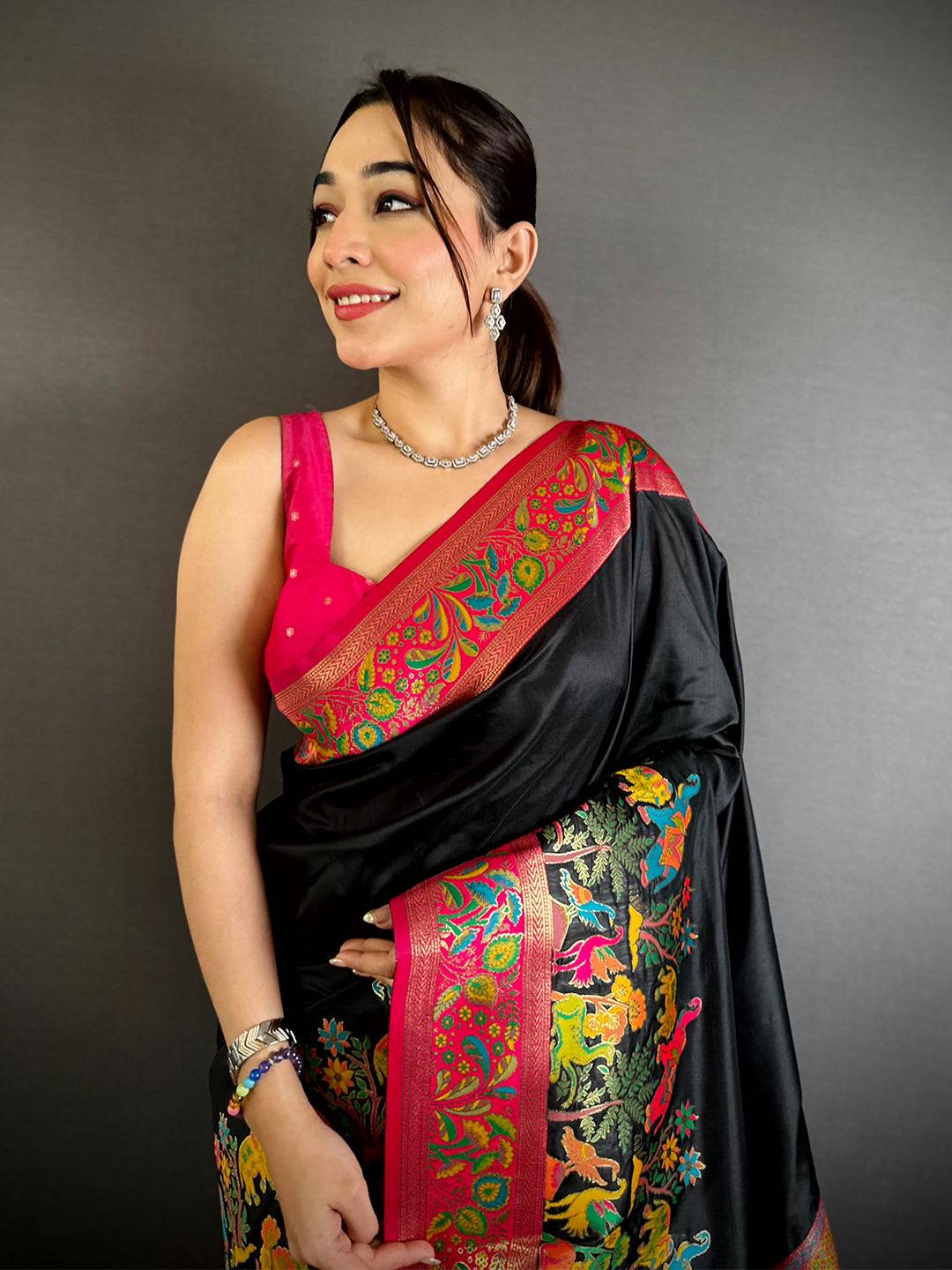 Black Soft Semi Silk Minakari Weave Saree
