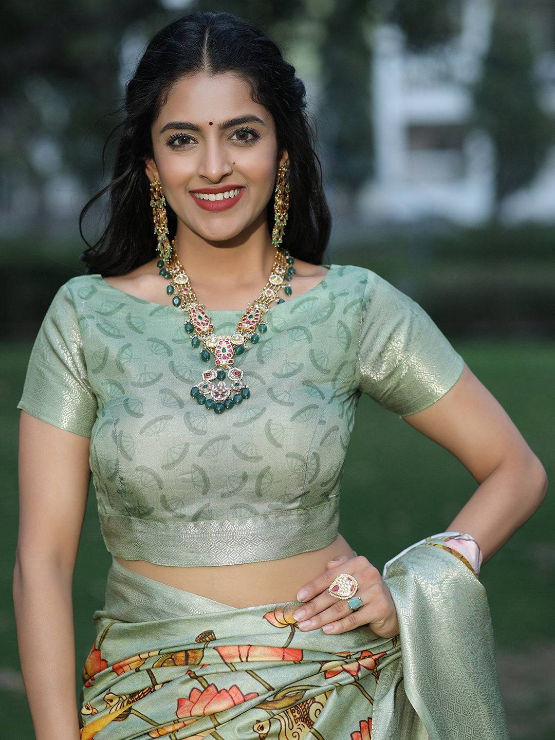 Pista Pure Viscose Dola Silk Saree With Pichwai And Mughal Print - Luxe